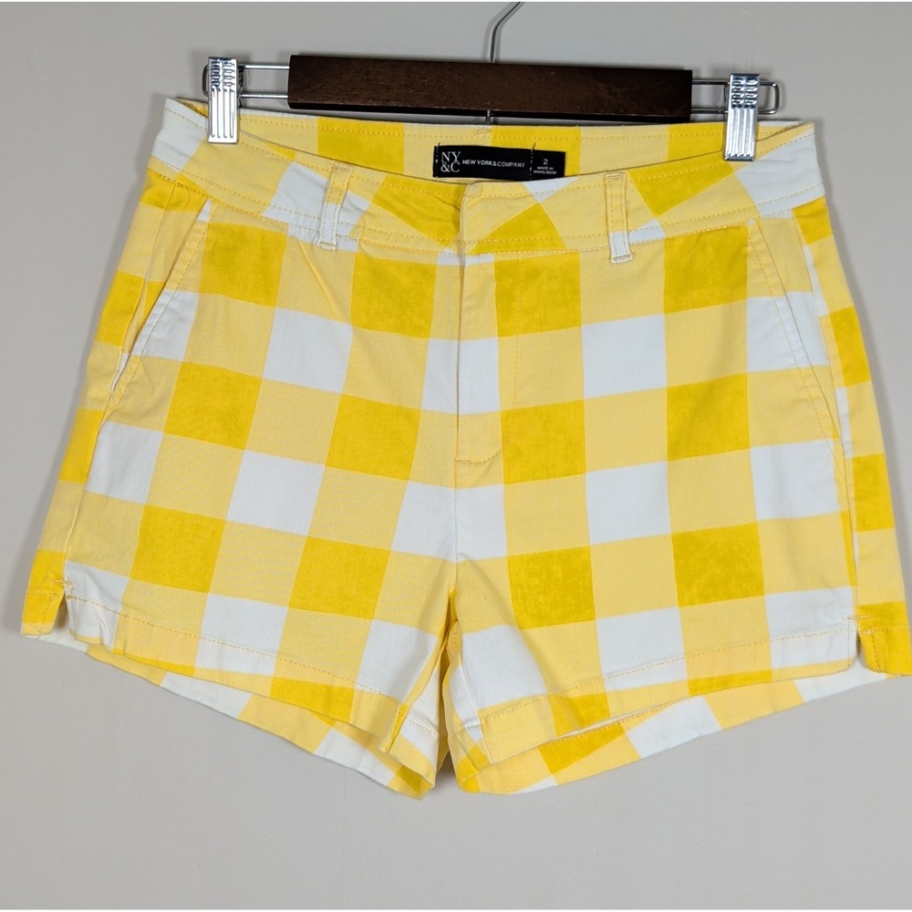 New York & Company Yellow White Gingham Plaid Shorts Womens Size 2 Casual Summer